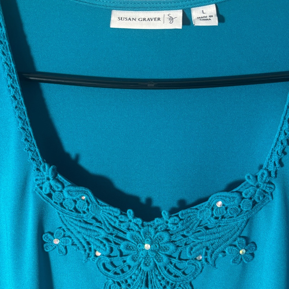 Susan Graver Teal Embroidered Blouse and Black Skirt Set, Skirt M/Blouse L - Picture 8 of 8